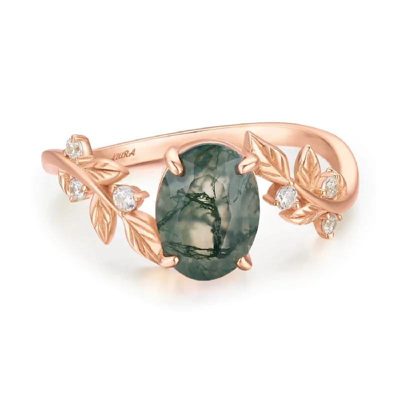 Unique Engagement Rings For Non-Traditional Brides-Between the Leaf Oval Moss Agate Ring (10K Solid Rose Gold)©