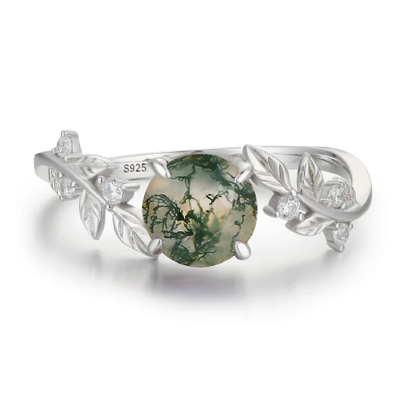 Simple Silver Rings For Everyday Wear-Between the Leaf Round Moss Agate Ring