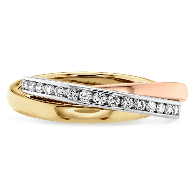 Beautiful Vintage Wedding Rings For Brides-Memoire 18k Gold Tricolor Three-Row Channel set Diamond Rolling Ring