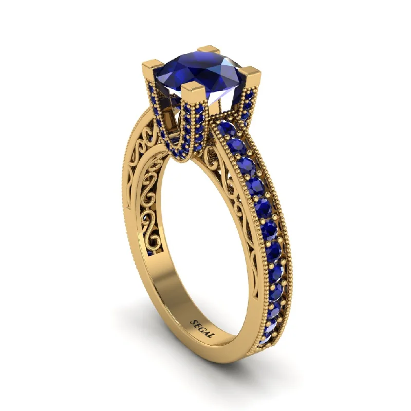 Sparkling Engagement Rings For Unique Brides-Sapphire Scrollwork Vintage Filigree Engagement Ring - Abby No. 73