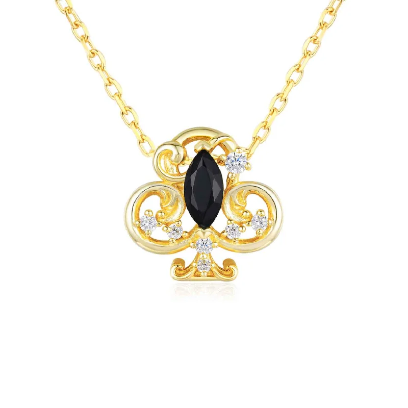 Trendy Stackable Rings For Fashion Forward-Clover Club Black Onyx Necklace (Yellow Gold)