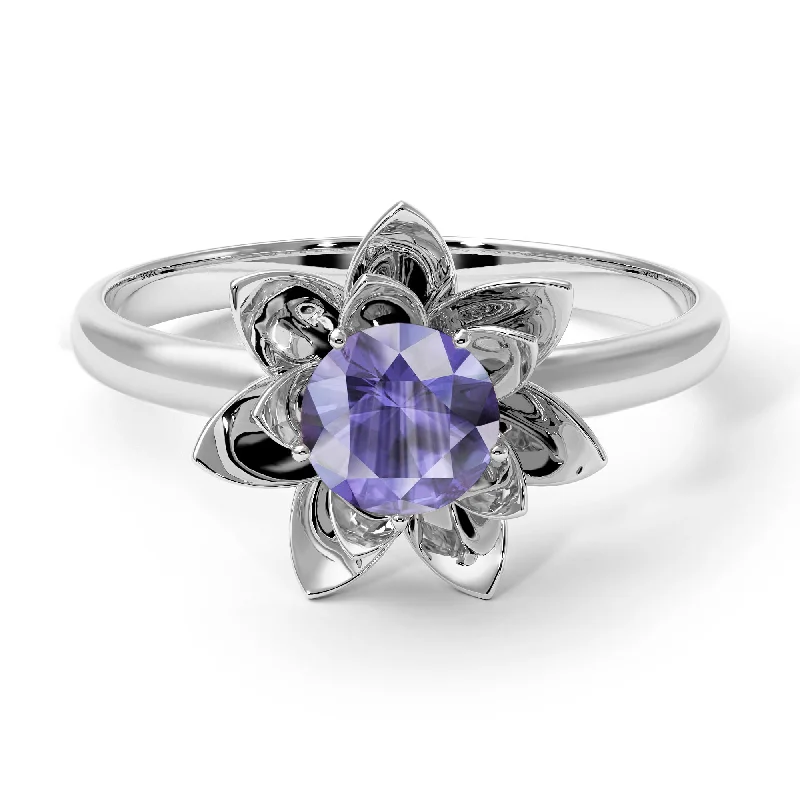 Bold Engagement Rings For Bold Brides-Lotus Flower Solitaire Tanzanite Ring - Lotus no. 203