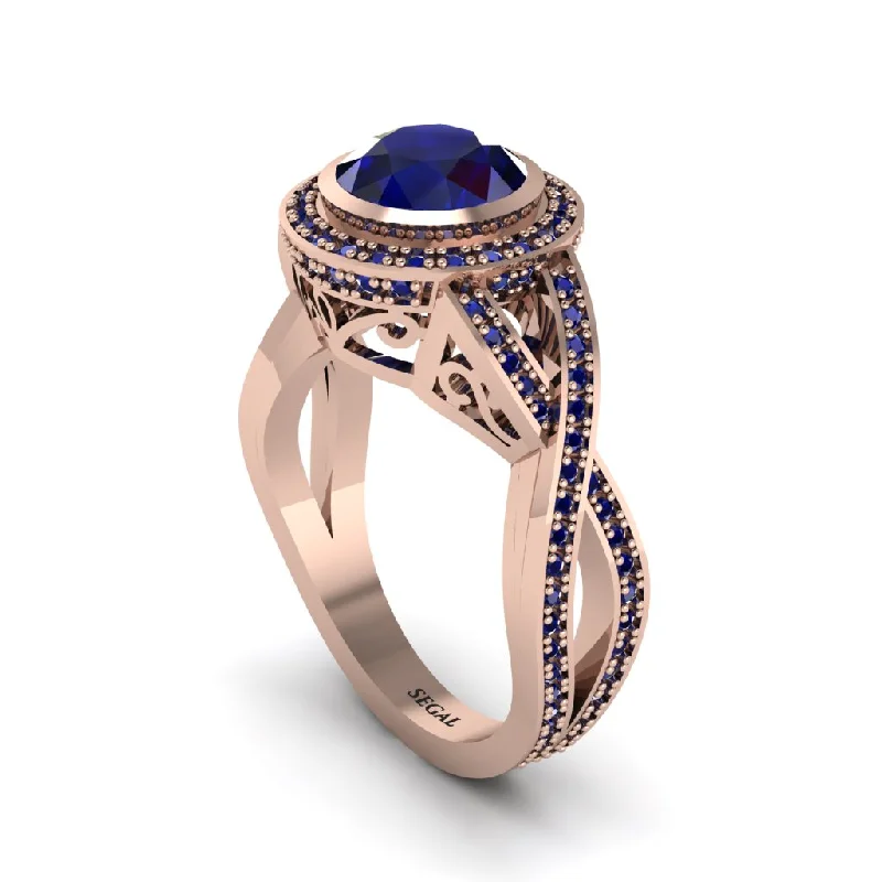 Gold Wedding Rings For Brides-Sapphire Filigree Halo Twist Shank Engagement Ring - Wren No. 74