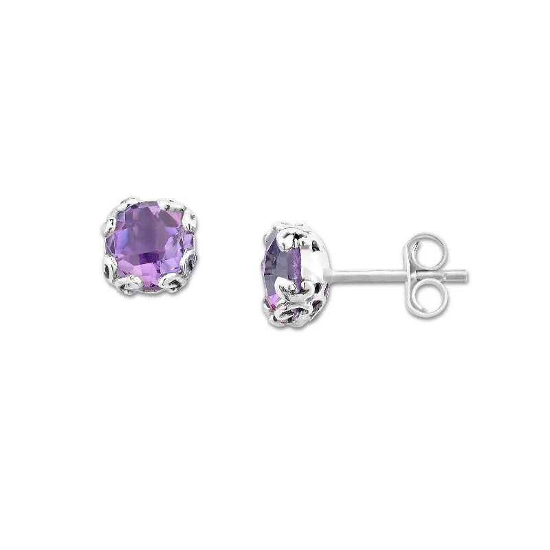 Trendy Gold Earrings For Glamorous Looks-Round Amethyst Stud Earrings, Sterling Silver