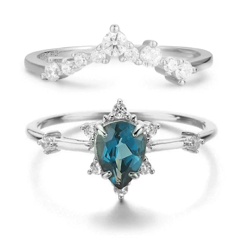 Large Statement Rings For Bold Fashion-Gaia Blue Topaz Ring & Twinkle Band Ring Set