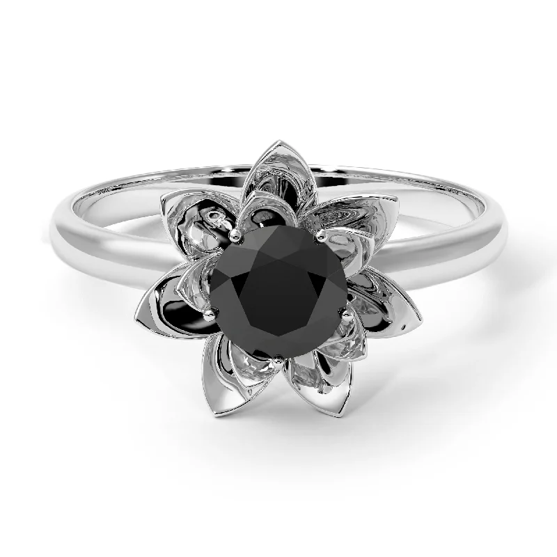 Elegant Gemstone Promise Rings For Couples-Lotus Flower Solitaire Black Diamond Ring - Lotus no. 9