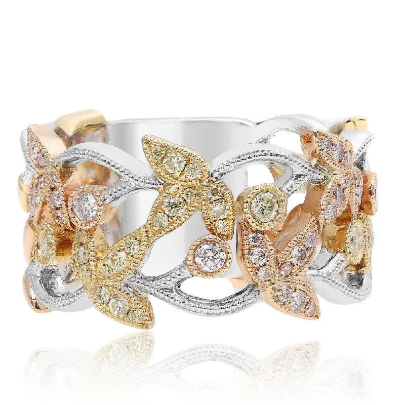 Beautiful Custom Wedding Rings For Couples-Delicate Antique Milgrain Flowers on Vine Diamond Ring Band Tri-Color 14K Gold