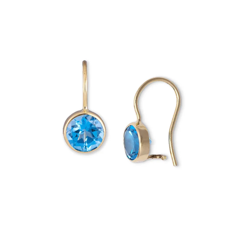 Bold Gold Earrings For Fashion Forward-Bezel Set Blue Topaz Drop Earrings, 8MM, 14K Yellow Gold