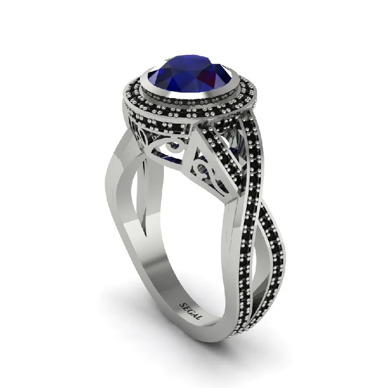 Custom Men’s Wedding Bands For Bold Style-Sapphire Filigree Halo Twist Shank Engagement Ring - Wren No. 45