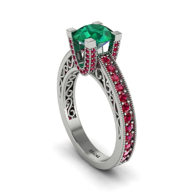 Custom Name Rings For Trendy Fashion-Emerald Scrollwork Vintage Filigree Engagement Ring - Abby No. 51