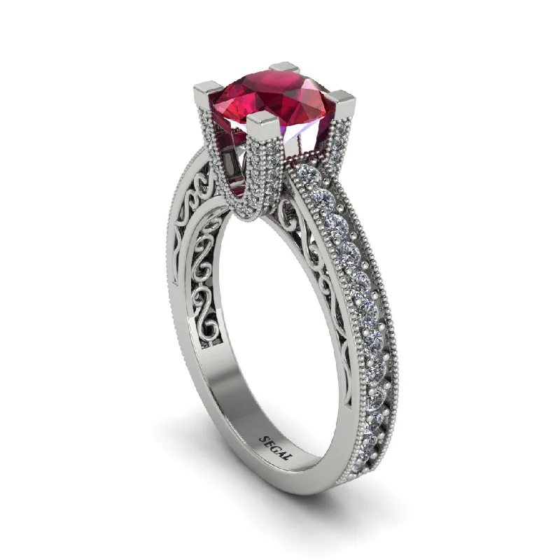 Personalized Gemstone Wedding Rings For Brides-Ruby Scrollwork Vintage Filigree Engagement Ring - Abby No. 12