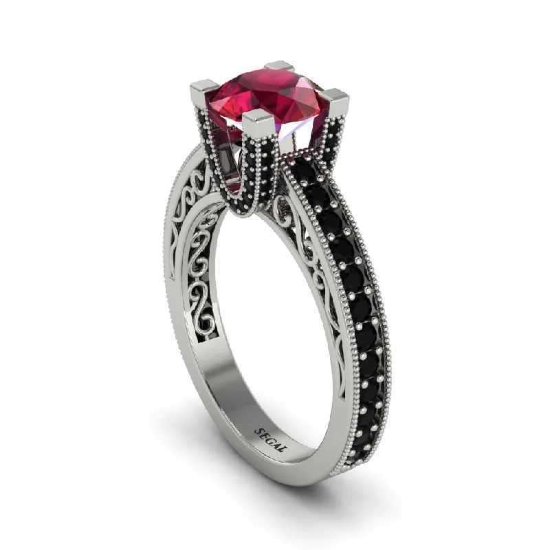 Simple Wedding Bands For Elegant Brides-Ruby Scrollwork Vintage Filigree Engagement Ring - Abby No. 42