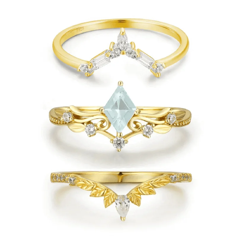 Designer Engagement Rings For Brides-Victorian Lace Aquamarine©, Monte Arc, and Woodland Ring Set (Yellow Gold)