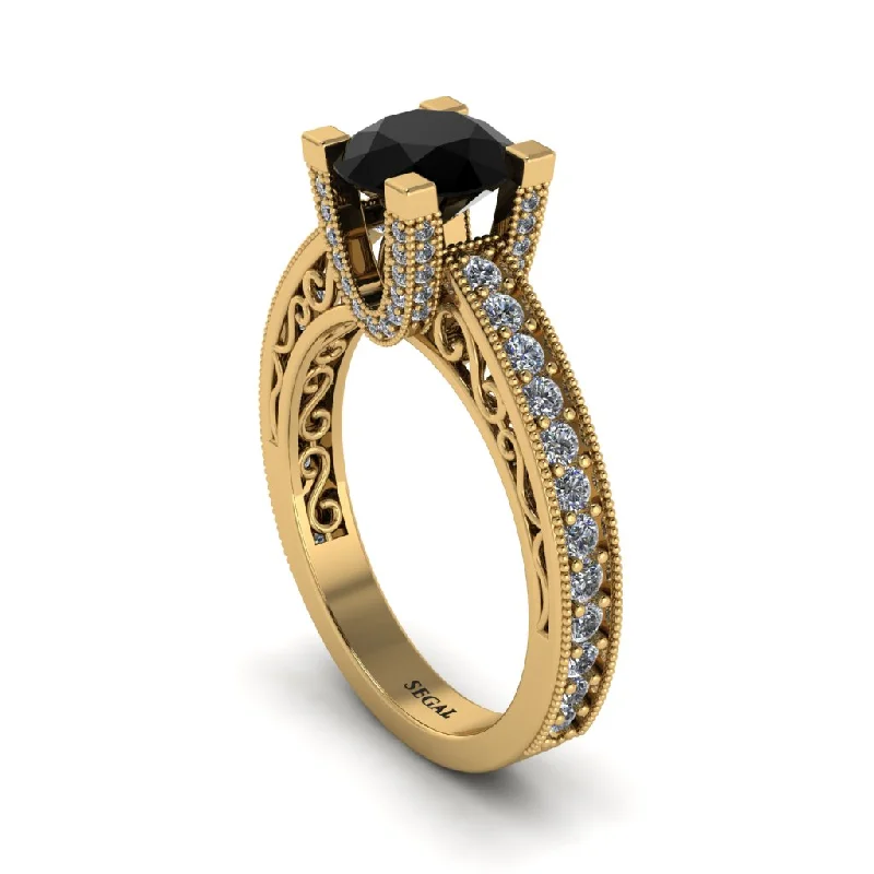 Custom Titanium Rings For Bold Fashion-Black Diamond Scrollwork Vintage Filigree Engagement Ring - Abby No. 7