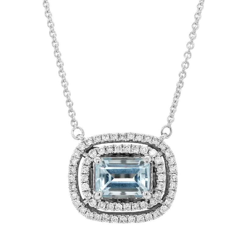 Modern Long Necklaces For Casual Style-WHITE GOLD NECKLACE WITH EMERALD CUT AQUAMARINE AND DIAMOND HALO, .33 CT TW