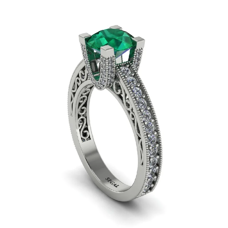 Personalized Men’s Rings For Special Occasions-Emerald Scrollwork Vintage Filigree Engagement Ring - Abby No. 6