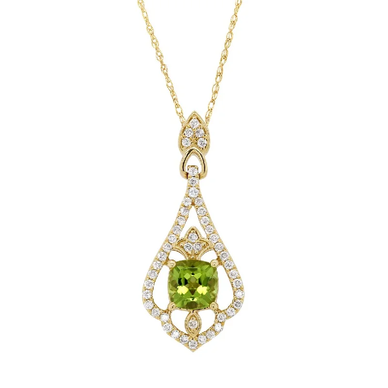 Simple Nameplate Necklaces For Personalized Gifts-YELLOW GOLD PENDANT NECKLACE WITH OVAL PERIDOT AND ROUND DIAMONDS, .29 CT TW