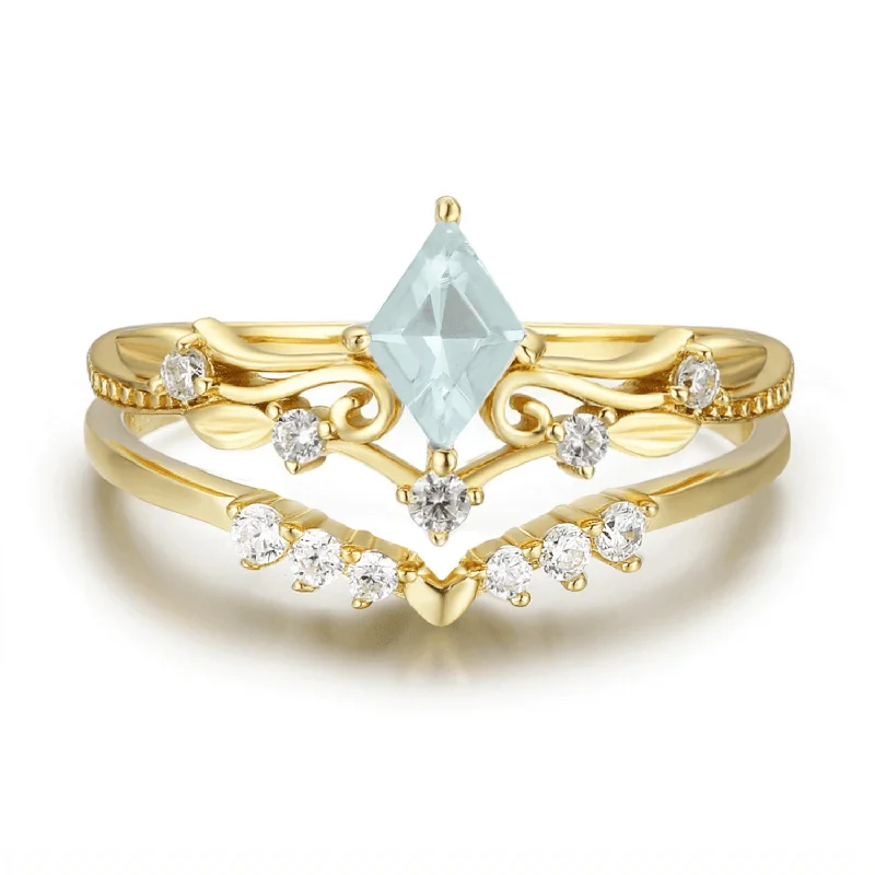 Classic Wedding Rings For Him-Victorian Lace Aquamarine© and Hearty Heart Ring Set (Yellow Gold)