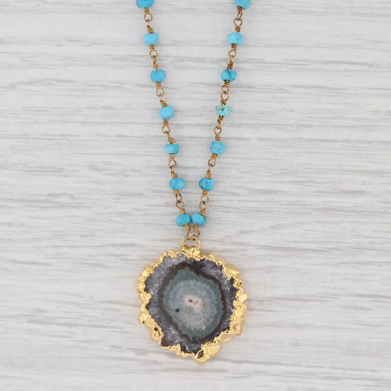 Long Beaded Necklaces For Boho Vibes-New Nina Nguyen Agate Geode Turquoise Bead Necklace Sterling Gold Vermeil 18"