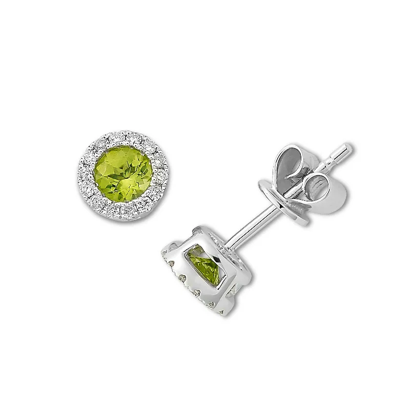 Custom Crystal Earrings For Unique Gifts-Peridot and Diamond Halo Stud Earrings, 14K White Gold