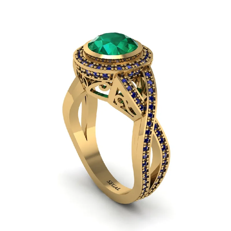 Beautiful Custom Wedding Rings For Couples-Emerald Filigree Halo Twist Shank Engagement Ring - Wren No. 64