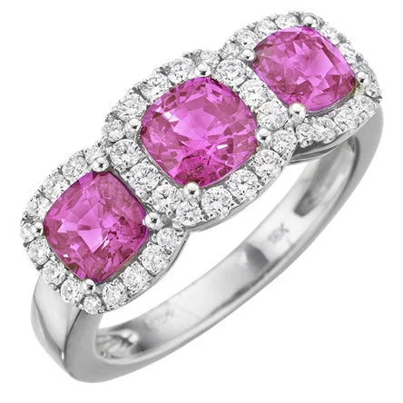 Personalized Cocktail Rings For Special Occasions-Cushion Shaped Pink Sapphire & Diamond Halo 18K White Gold Three Stone Ring