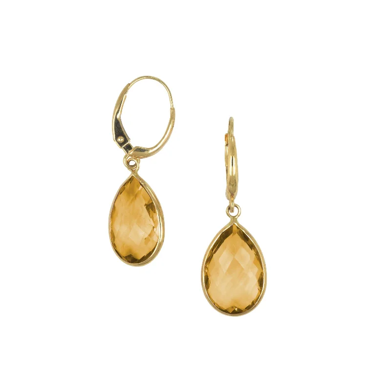 Personalized Dangle Earrings For Women-Pearshape Citrine Drop Earrings, 14K Yellow Gold