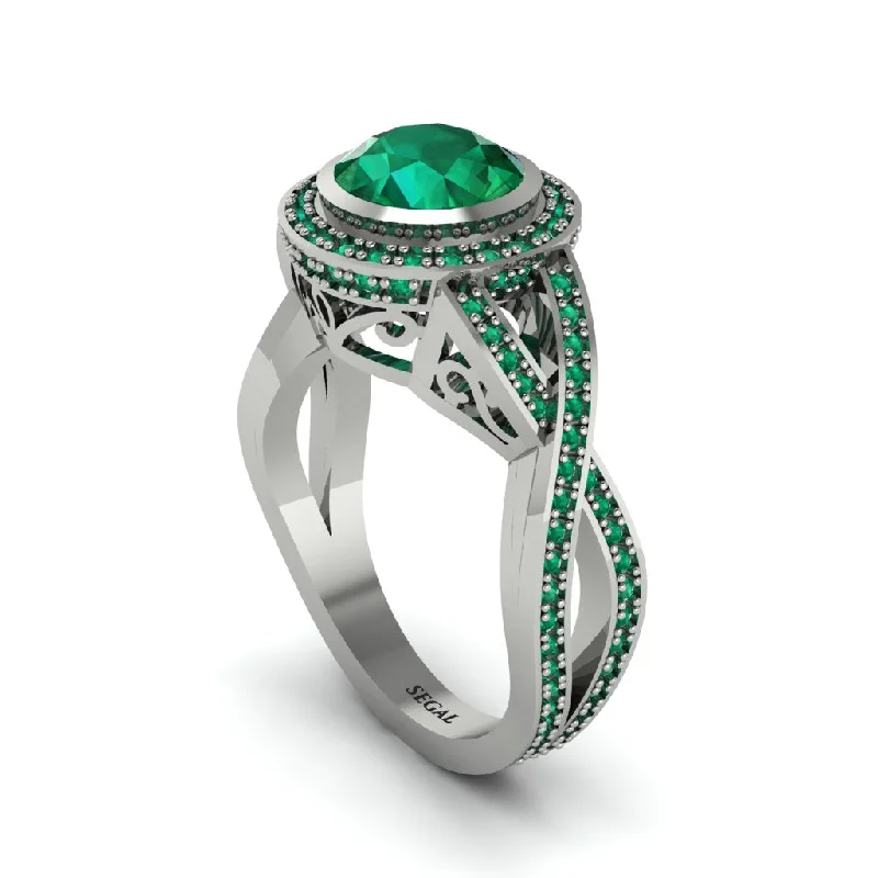 Beautiful Silver Rings For Wedding Bands-Emerald Filigree Halo Twist Shank Engagement Ring - Wren No. 21