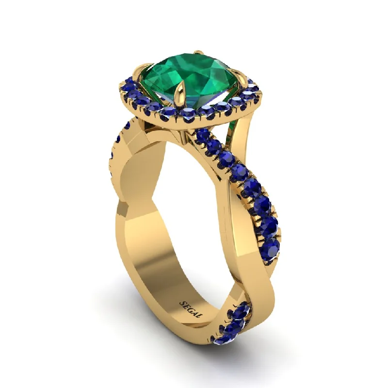 Wedding Bands For Same-Sex Couples-Emerald Twist Shank Halo Engagement Ring - Cheyenne No. 64