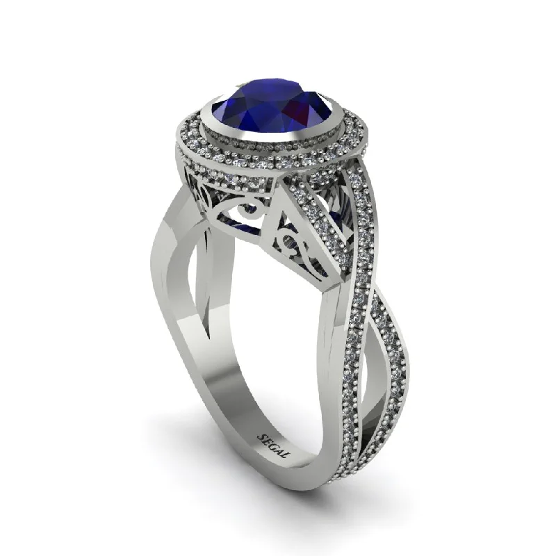 Elegant Sapphire Rings For Engagement-Sapphire Filigree Halo Twist Shank Engagement Ring - Wren No. 15