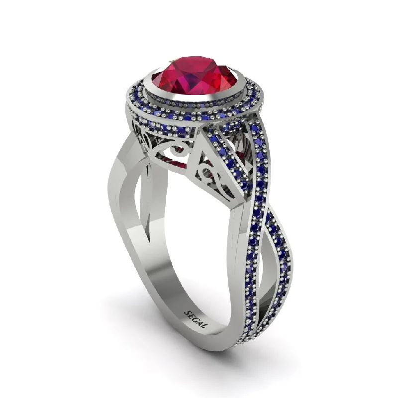 Classic Custom Wedding Rings For Couples-Ruby Filigree Halo Twist Shank Engagement Ring - Wren No. 72