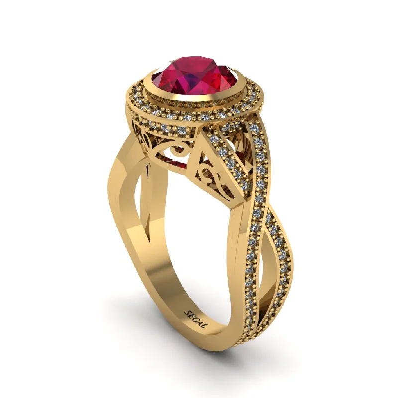 Bold Wedding Rings For Fashionistas-Ruby Filigree Halo Twist Shank Engagement Ring - Wren No. 10