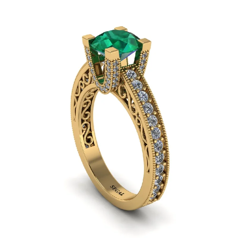 Unique Engagement Rings For Alternative Brides-Emerald Scrollwork Vintage Filigree Engagement Ring - Abby No. 4