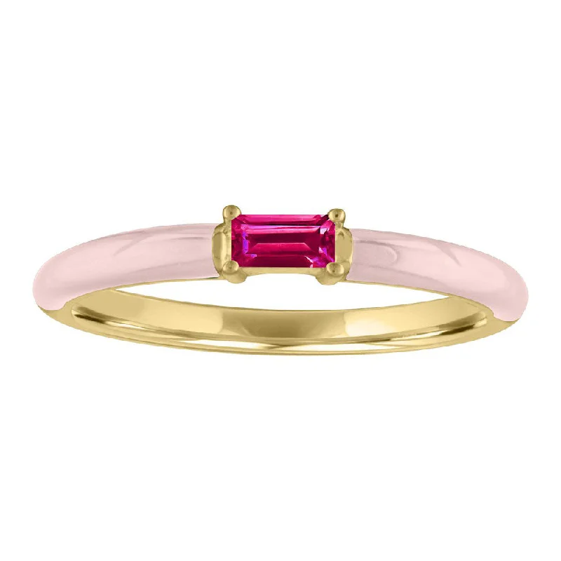 Simple Silver Wedding Bands For Elegant Brides-My Story "Eloise" Ballet Slipper Pink Enamel Baguette Ruby Ring