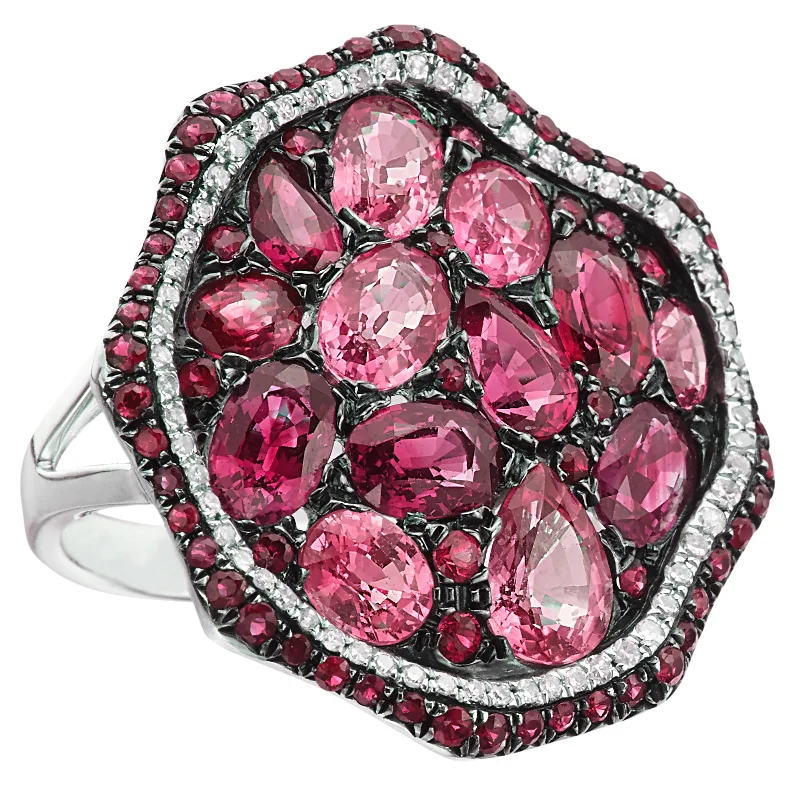 Elegant Diamond Rings For Weddings-Ruby, Pink Sapphire, & Diamond Freeform Style Circular Ring 14K White Gold