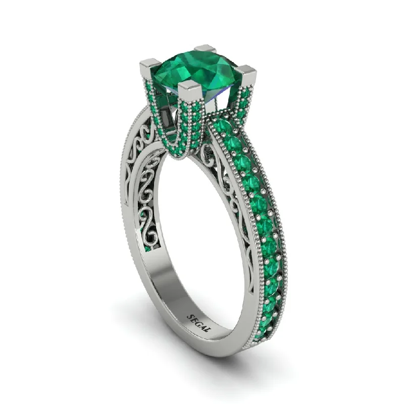 Elegant Wedding Rings For Non-Traditional Couples-Emerald Scrollwork Vintage Filigree Engagement Ring - Abby No. 21