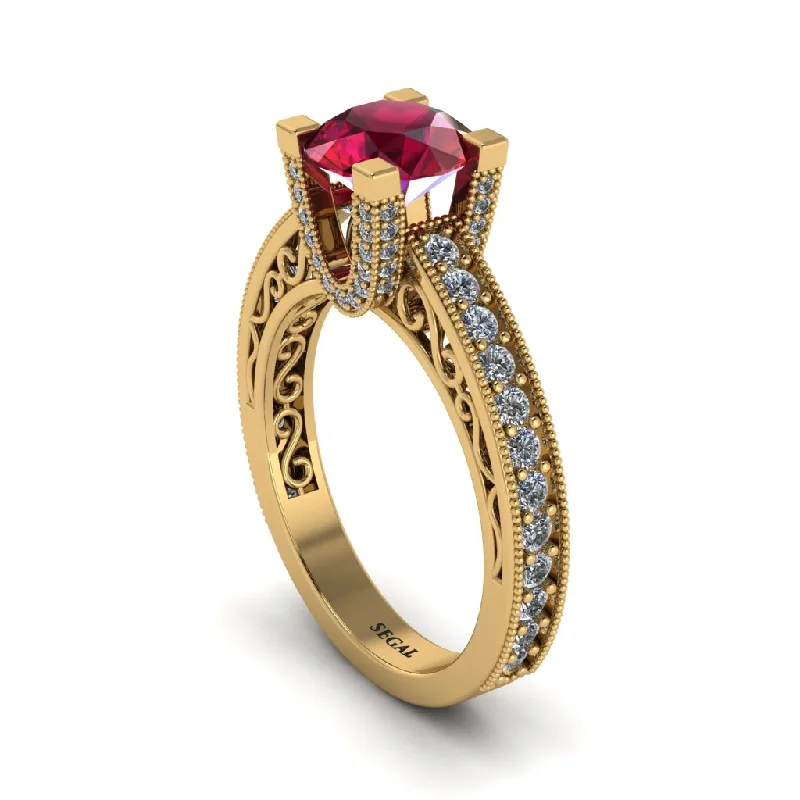 Vintage Wedding Rings For Non-Traditional Brides-Ruby Scrollwork Vintage Filigree Engagement Ring - Abby No. 10