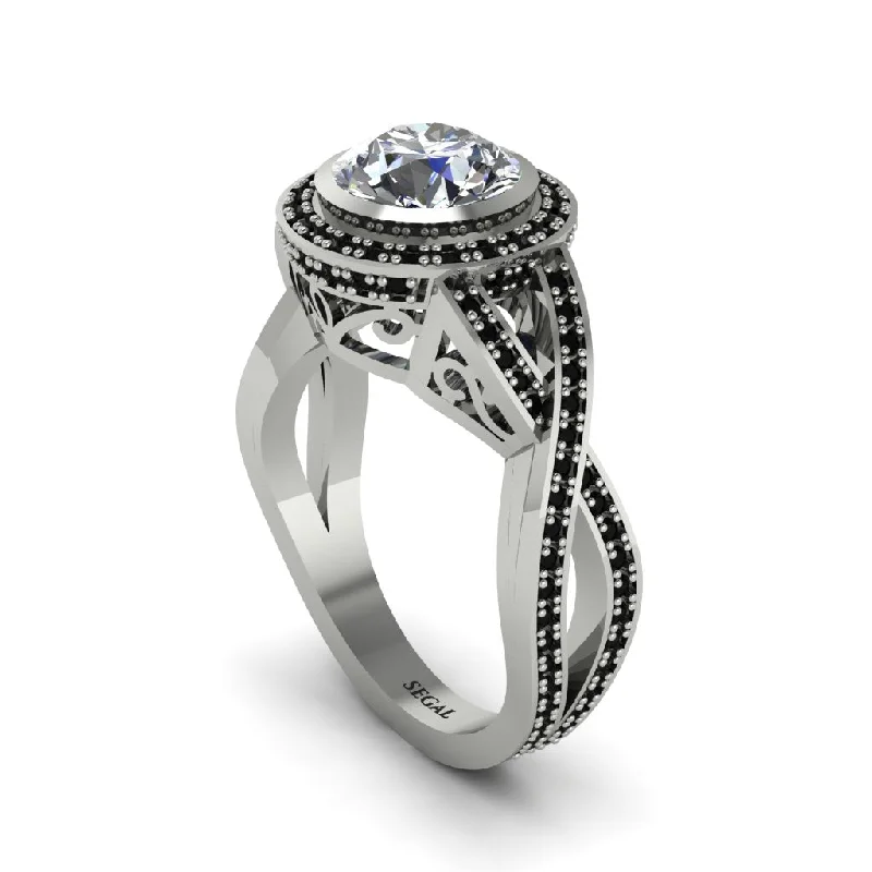 Beautiful Wedding Rings For Couples-Diamond Filigree Halo Twist Shank Engagement Ring - Wren No. 33