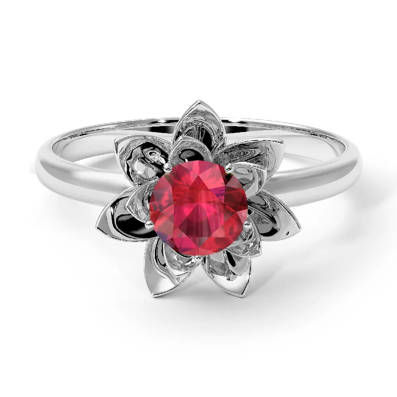 Classic Gold Promise Rings For Couples-Lotus Flower Solitaire Ruby Ring - Lotus no. 12