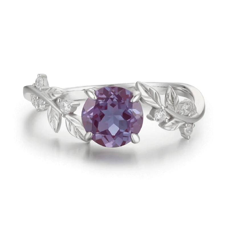 Wedding Bands For Engagement Sets-Between the Leaf Alexandrite Ring©