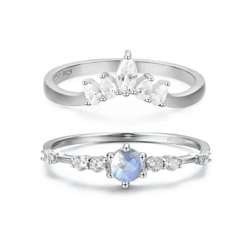 Bold Sapphire Rings For Engagement-The Center of the Universe Moonstone Ring & Supreme White Topaz Ring Set