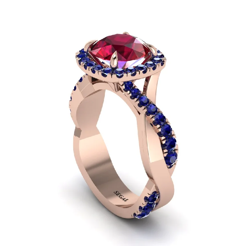 Classic Wedding Rings For Him and Her-Ruby Twist Shank Halo Engagement Ring - Cheyenne No. 71