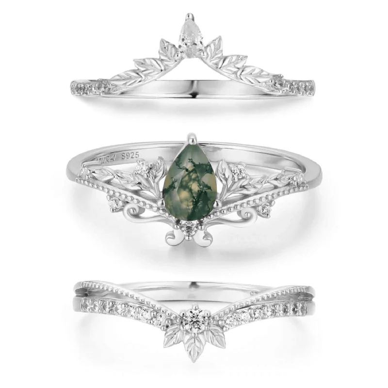 Simple Wedding Bands For Bridesmaids-Lotus Moss Agate©, Abloom, and Woodland Ring Set