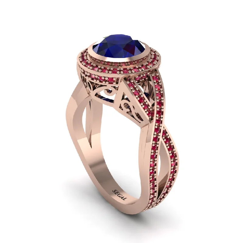 Elegant Wedding Rings For Couples-Sapphire Filigree Halo Twist Shank Engagement Ring - Wren No. 59