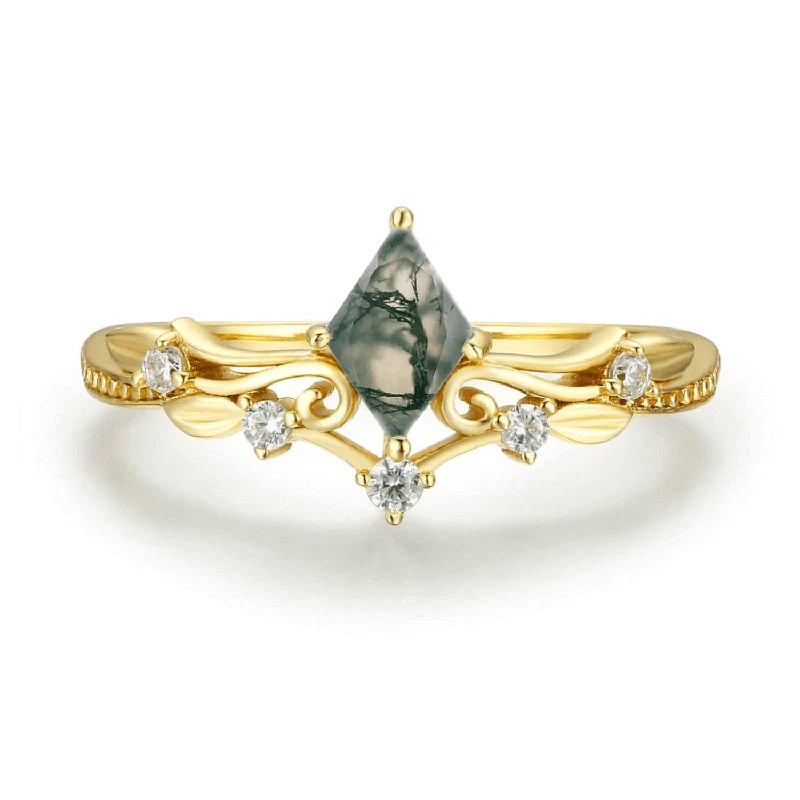 Unique Customizable Engagement Rings For Brides-Victorian Lace Moss Agate Ring (Yellow Gold) ©