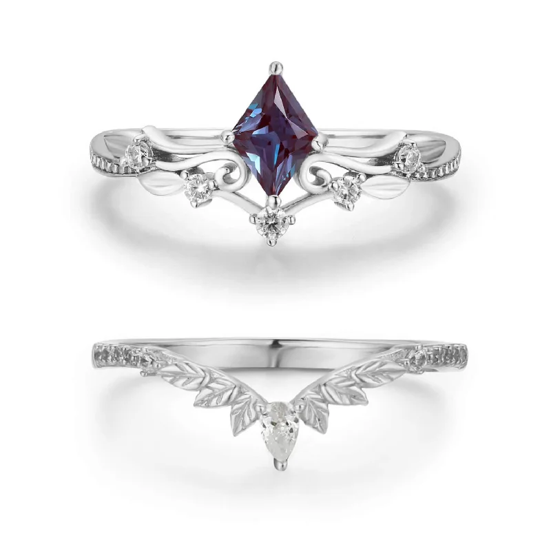 Elegant Silver Engagement Rings For Brides-Woodland and Victorian Lace Alexandrite© Ring Set