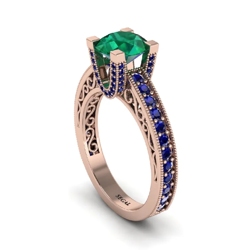 Fashionable Statement Wedding Rings For Brides-Emerald Scrollwork Vintage Filigree Engagement Ring - Abby No. 65