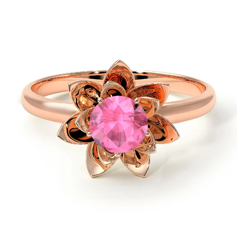 Personalized Wedding Bands For Special Occasions-Lotus Flower Solitaire Pink Moissanite Ring - Lotus no. 802