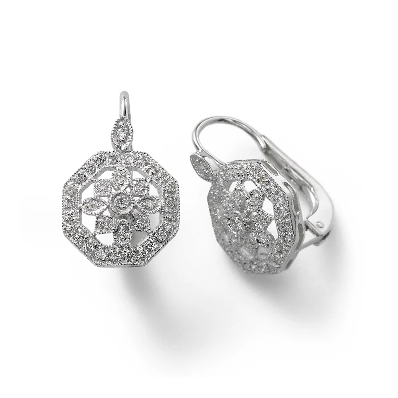 Long Silver Earrings For Elegant Fashion-Octagonal Diamond Earrings, .30 Carat, 14K White Gold