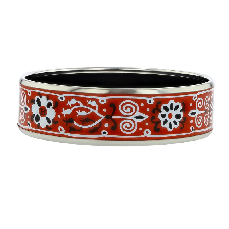 Bangles With Black Designs-Hermes Red Enamel Bangle with Red, Black and White Floral Design